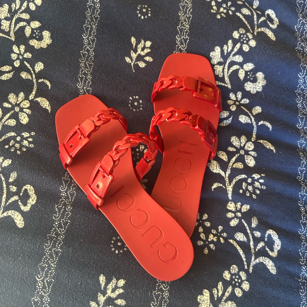 Gucci Vibrant Red Chain Slide Sandals